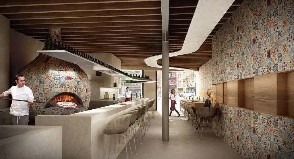 Cozy interior of the Golden Crust pizzeria.