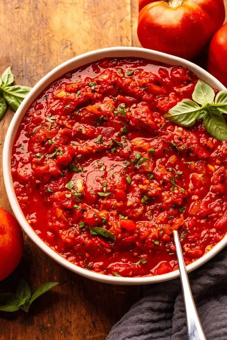 Vibrant San Marzano tomato sauce in a bowl.